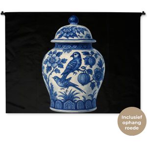 Wandkleed 150x112 cm - Wanddoek Pot - Delfts Blauw - Bloemen - Wandtapijt - Wandkleden
