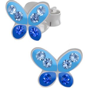 Oorbellen meisje zilver | Zilveren oorstekers, blauwe vlinder met kristallen