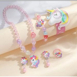 kinderen regenboog Paard patroon Horloge sieradenset ketting oorbellen Ring Aramband Geschenken voor kinderen en meisjes