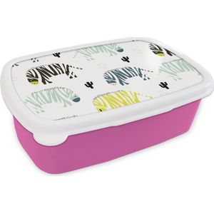 Broodtrommel Roze - Lunchbox - Brooddoos - Zebra - Kleuren - Cactus - Wit - 18x12x6 cm - Kinderen - Meisje
