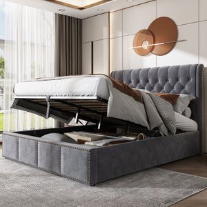 Gestoffeerd bed, met hydraulische hendel, functioneel opbergbed, klinknageldecoratie, 160 x 200 cm
