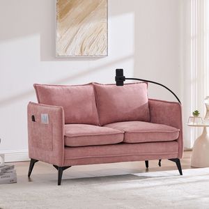 Komhtom 2-zitsbanken Moderne tweezitsbank Kleine stoffen bank met opbergvak aan de zijkant + verstelbare houder voor mobiele telefoon Geschikt voor de woonkamer/slaapkamer/balkon Roze