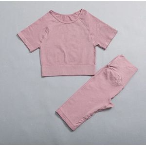 Light Ribbed Short Set - Maat S - Oudroze - 2-delige set: Short Sleeve top + Short - Pink - Dusty Pink - Seamless Sportset Dames