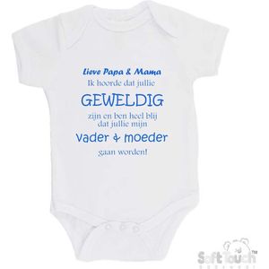 100% katoenen Romper ""Lieve papa & mama ik hoorde dat jullie geweldig zijn en ben heel blij dat jullie mijn vader & moeder gaan worden!"" Jongens Katoen Wit/blauw Maat 62/68