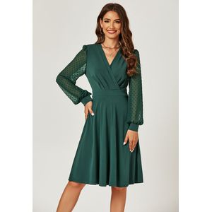 Lange geplooide midi-jurk met chiffonmouwen in donkergroen