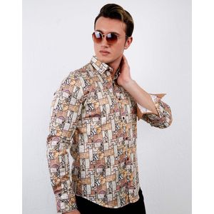 Luxe Heren Overhemd met Fietsen Print - Slim Fit -3107 - Bruin