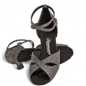 Latin dames dansschoenen 181 - 087 - 510 - Open teen - Flared hak 6,5cm - Glinsterend bronskleurig brokaat - Suede zool - Verstelbare enkelband - Drukknoopsluiting - Zacht voetbed - Latin,Salsa - Diamant - Zwart Glitter - 35