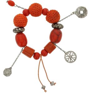 Behave Oranje armband met gehaakte kralen en bedels