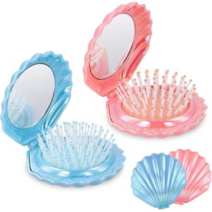 Allecto Plus - Voor 2 Stuks Reishaarborstels Schelpvormig met Spiegel Draagbaar & Compact - Blauw + Roze - Dames - Haarmassagekam