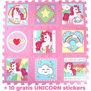 Puzzelmat/speelmat Unicorn – 9 puzzelstukken – 90x90cm Foam mat + draagtas + 10 stickers – spelen voor kinderen FM01
