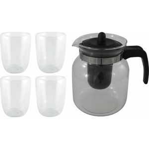 Glazen theepot zwart met filter van 1,5 liter met 4x stuks dubbelwandige theeglazen van 300 ml - Hittebestendige glazen