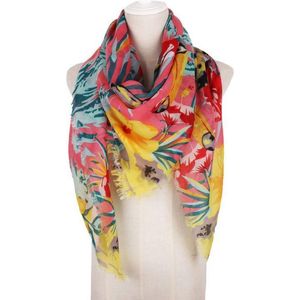 Kleurrijke driehoek of vierkante viscose dames sjaal met tropische vogels - 130 x 130 cm