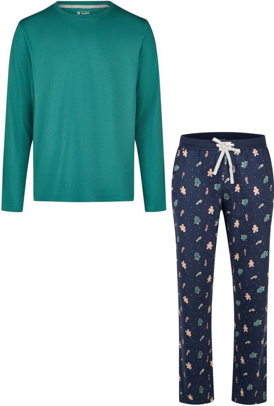 Happy Shorts Heren Kerst Pyjama Set Shirt + Broek Groen/Donkerblauw Gingerbread Print - Maat M