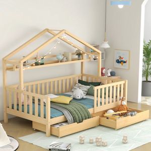 Kinderbed in houtkleur, kinderbedhuisbed met lades, massief hout met lattenbodem, grenenhouten huisbed, kinder- en jeugdkamer, 90x200