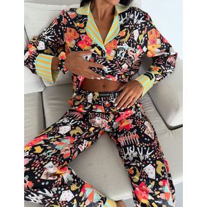 Satijnen Dames Pyjamaset- Luxe Pyjamaset- Pyjama- Nachtkleding Zwart Maat S