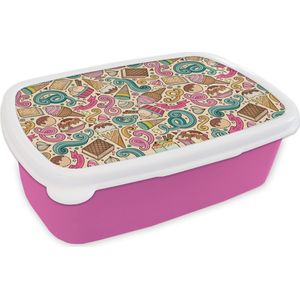Broodtrommel Roze - Lunchbox - Brooddoos - Patroon - Wafel - IJs - 18x12x6 cm - Kinderen - Meisje
