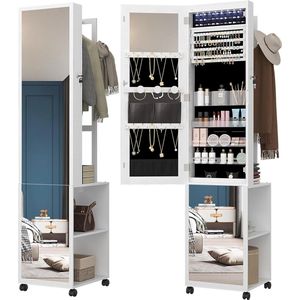 Sieradenkast Met Spiegel – Spiegelkast – Juwelenkast - Passpiegel - Make Up Kast Op Wieltjes – Slaapkamer & Badkamer - 117x44x20 Cm – Staand - Wit