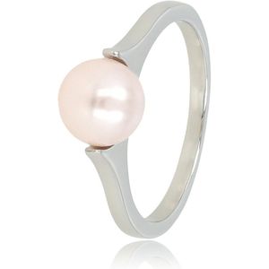 My Bendel - Ring zilverkleurig met grote roze parel - Zilverkleurige aanschuifring met grote roze parel - Met luxe cadeauverpakking