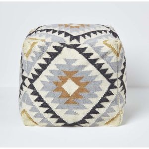 Homescapes Agra kelim poef met zwart en goud patroon in boho-look, 43 x 43 x 43 cm