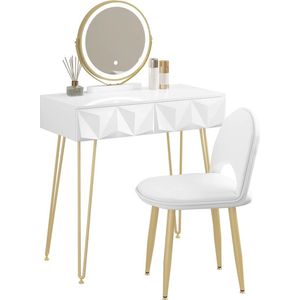 Gran Vida® - Make-Up tafel - Kaptafel Met Spiegel - Led Spiegel - fluwelen stoel - 80x40 CM - Wit Met Goud