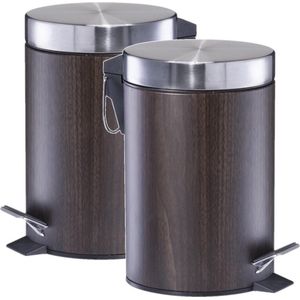 2x Donker bruine houtprint vuilnisbakken/pedaalemmers/prullenbakken 3 liter van 17 x 26 cm - Zeller - Badkamer/toiletaccessoires