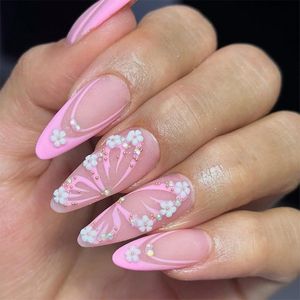 Rosa French Tip Press on Nails - Middelgrote Amandel Kunstnagels - Roze Vlinder Kunstnagels met 3D Bloemen Parels Designs - Acryl Lijm op Nagels - Mat Volledige Dekking - 24 Stuks