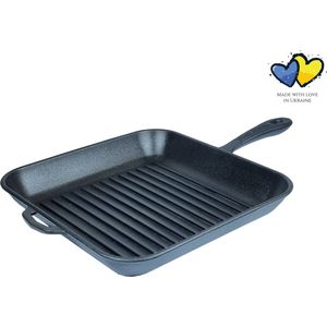 MAYSTERNYA Grillpan Gietijzer - 28 x 28 x 4 cm - Geschikt Voor Inductie - Steakpan - Grillen - Bakken - BBQ Accessoires - Koken - Grillplaat - Barbecue - Gietijzer - Pannenset - Barbecue Cadeau - Geschenk - Mat Zwart