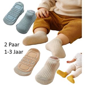 Antislip Babysokken – 2 Paar – Maat S (0–1 jaar) – Kids Floor Socks – Blauw & Geel – Zachte Katoenen Slofsokken – Voor Baby’s en Peuters