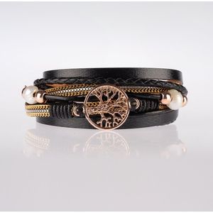Armband Dames Rosegoud- Leren Wikkelarmband Galeara design Rosekleurig Zwart Dames Levensboom 21,5cm - Galeara design