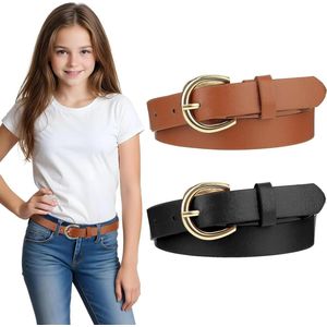 2 stuks lederen meisjesriem met dubbele O-ringgesp - Verstelbaar - Zwart en bruin - Eén Maat