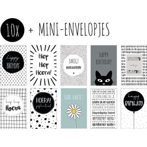 10x Minikaartjes + Mini-envelopjes | VERJAARDAG / JARIG | kleine verjaardagskaartjes met kraft enveloppen