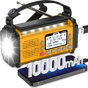 Noodradio - Zonneradio - Zwengelradio - Draagbare - Oplaadbare - met 52cm Antenne - LED-zaklamp - Leeslamp - DAB+/FM - Dynamo-radio - 10000 mAh - SOS-alarm - Geschikt voor Wandelen - Kamperen - Outdoor - Noodsituatie - Geel