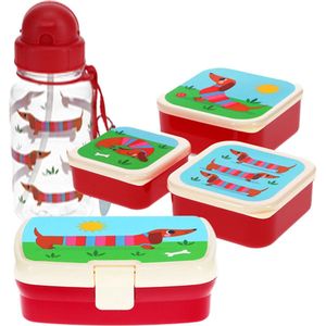 Teckel - hond - set - lunchset - drinkfles (500ml) - 3 snackdoosjes - lunchbox - drinkbeker - waterfles met rietje - doosje - brooddoos - rood - teckelprint