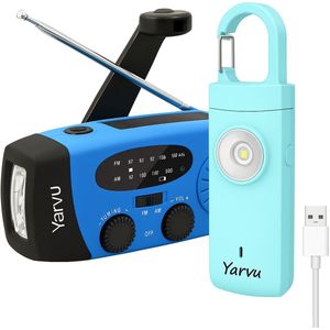 Yarvu ® - 6 IN 1 Noodradio + Persoonlijke Alarm - 3 LED Zaklamp - Opwindbaar + Zonneenergie + Nood Radio Op ingebouwde Batterijen ( Accu ) - Solar Noodpakket - Voor Rampen - Noodfluit - Draagbare - FM AM - Blauw