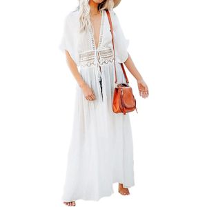Allecto Plus - Lange zomerse strandjurk dames maxi boho kimono wit - Eén maat