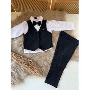 luxe jongens kostuum-kinderpak- kinderkostuum-3 delige set - black donkerblauw vest, broek, effen witte hemd, vlinderstrik-bruidsjonkers-communie-bruiloft-feest-verjaardag-fotoshoot- 11 jaar maat 146