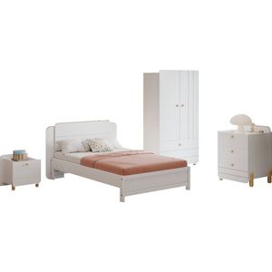 Merax Complete Slaapkamer Set 4-delig - Minimalistisch Kinderbed 90x200 cm - Nachtkastje - Ladekast en Kledingkast - Ideaal voor Kinderkamer - Modern Minimalistisch Design - Wit