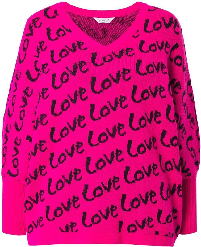 MIAMODA - Dames - Trui poncho-model LOVE-tekst - Neon bes - Maat 42+