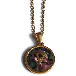 Aramat jewels -ketting-letter v- chirurgisch staal - schelp - goudkleurig-45cm - dames- rond