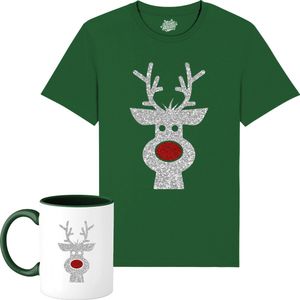 Rendier Buddy - Foute Kersttrui Kerstcadeau - Dames / Heren / Unisex Kleding - Grappige Kerst Outfit - Glitter Look - T-Shirt met mok - Unisex - Bottle Groen - Maat 3XL