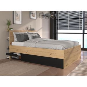 Bed met opbergruimte 140 x 190 cm - Kleur: houtlook en zwart + matras - RADANI L 149.8 cm x H 96.6 cm x D 215.3 cm