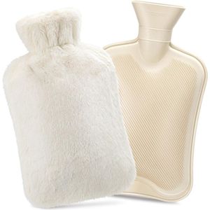 2 liter grote inhoud warmwaterkruik met deksel - premium natuurlijk rubber - harige nepbonten hoes - pijnverlichting - wit - 1 stuk