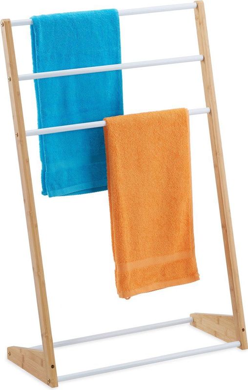 Relaxdays handdoekrek staand - handdekhouder bamboe - rek voor handdoeken - handdoekladder