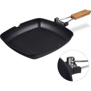 Relaxdays grillpan houten handvat - antiaanbaklaag - met ribbels - braadpan - grillplaat