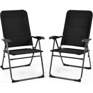COSTWAY Set van 2 tuinstoelen, klapstoelen met 7-voudig verstelbare rugleuning, inklapbare balkonstoelen, hoge rugleuning, ademend, gevoerd, outdoorstoelen voor tuin, terras, achtertuin, zwart
