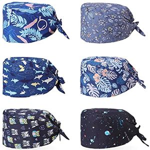 6 Stuks Verstelbare Werkmutsen voor Dames en Heren - Katoenen Bouffant Mutsen met Zweetband