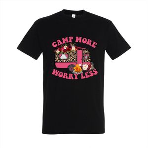 T-shirt Camp more worry less - Zwart T-shirt - Maat S - T-shirt met print - T-shirt heren - T-shirt dames