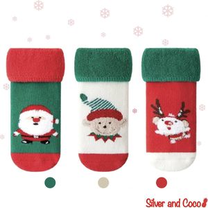 SilverAndCoco® - 3 Paar Baby Kinder Kerstsokken 1 2 3 Jaar met Anti Slip Zool / Vrolijke Happy Kerst Sokken Kerstman / Dikke Warme Huissokken Kerstcadeau kinderen / Wintersokken jongens meisjes Kleding Cadeautje Kind Sokjes