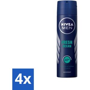 4 x Nivea - Men - Deodorant - Spray - Fresh Ocean - 48 Uur Lang Werkend - 150 ml - NIVEA MEN Deodorant - Anti-transpirant - Deodorant Spray - 48 Uur Bescherming - Ocean Geur