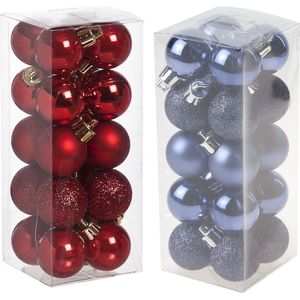 Kleine kunststof kerstversiering 40x stuks set en 3 cm kerstballen in het donkerblauw en rood - Voor kleine kerstbomen